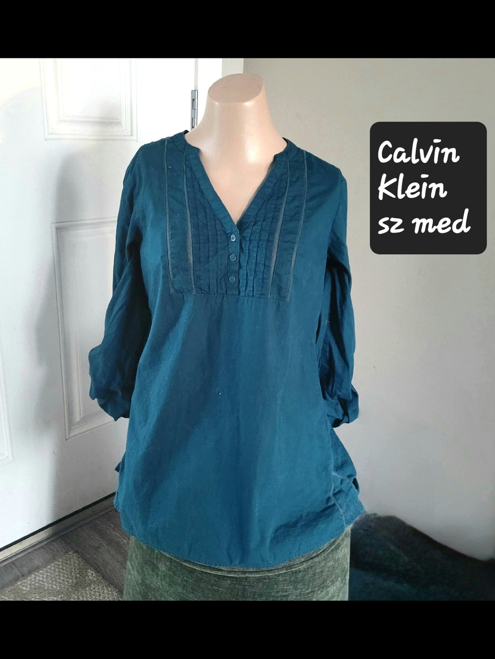 Calvin Klein Teal Pintuck V-Neck Tunic